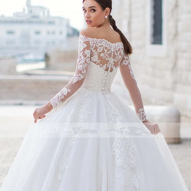 On Zhu – robe de mariée de luxe en Tulle brillant, col bateau, manches longues, Vintage, 2022