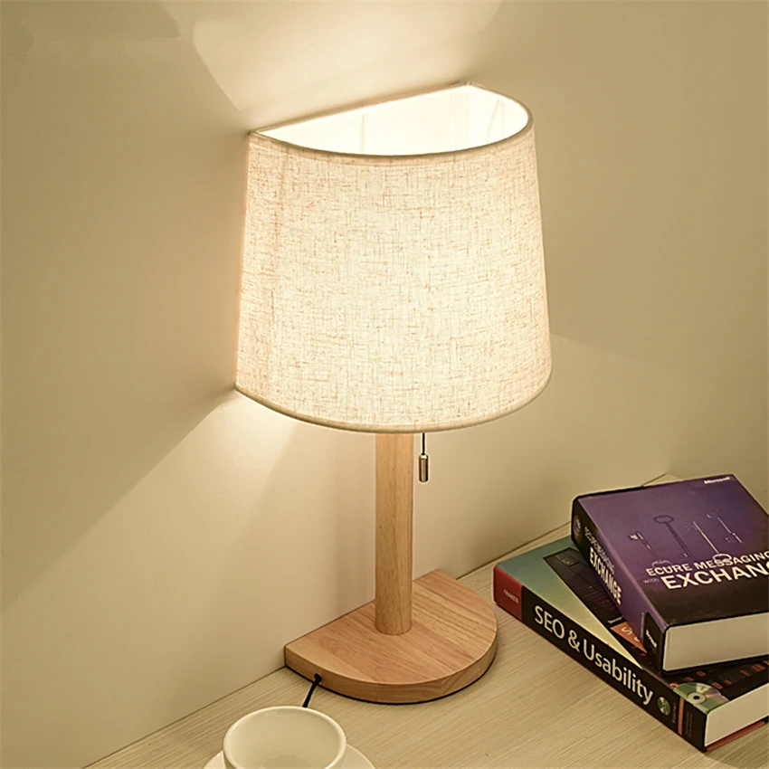 

Japan Sank Wood Pull Line Switch Table Lamps Study Bedroom Bedside Korean Livingroom Fabric Table Lights Desk Deco E27 Lighting