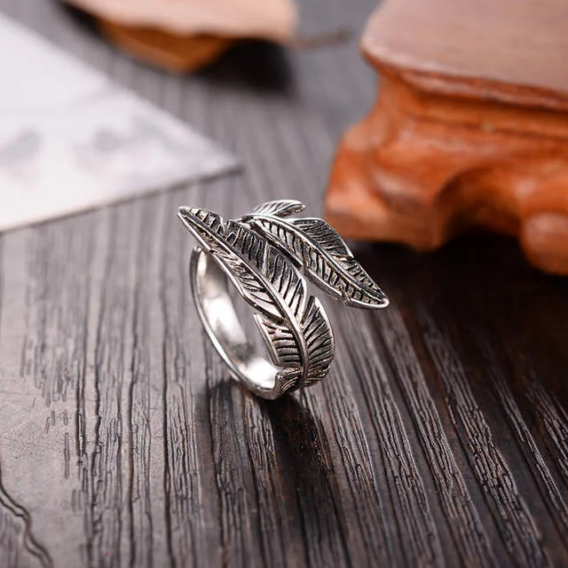 2020 Bijoux Fashion Real 925 Sterling Silver Feather Rings for Women Boho Adjustable S925 Antique Rings Anillos joyas de plata