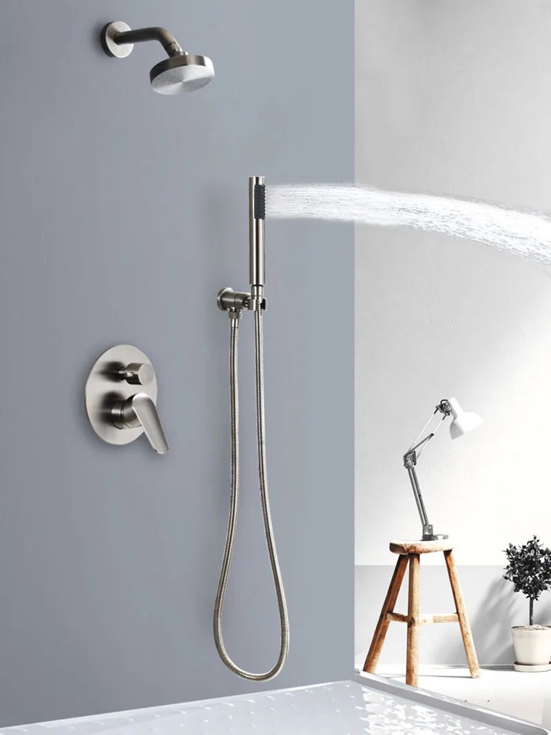 Geborsteld Goud/Nikkel Badkamer Douche Bloem Muur Type Ronde Douche Set Messing Ingebed Multifunctionele Douche Set