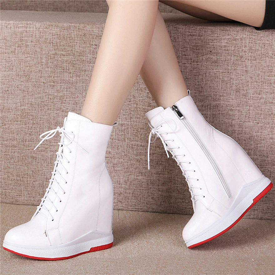 Platform Pumps Shoes Women Lace Up Genuine Leather Wedges High Heel Ankle Boots Female Round Toe Fashion Sneakers Casual Shoes