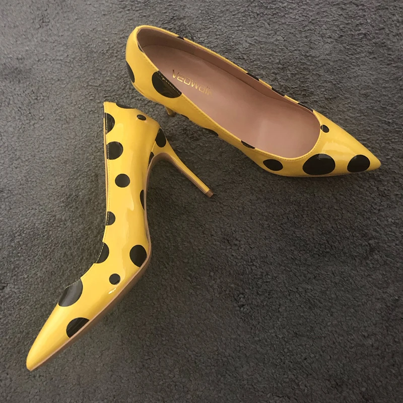 Veowalk Black Polka Dots Women Yellow Stilettos High Heels Ladies Fashion Slip On Pumps Club Party Dress Shoes Color Customized