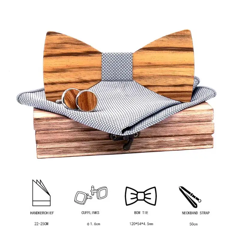 Men's Plaid Wooden Bow Tie Set Striped Wood Bowtie Handkerchief Cufflinks Sets With Wood Box For Men Wedding Gift