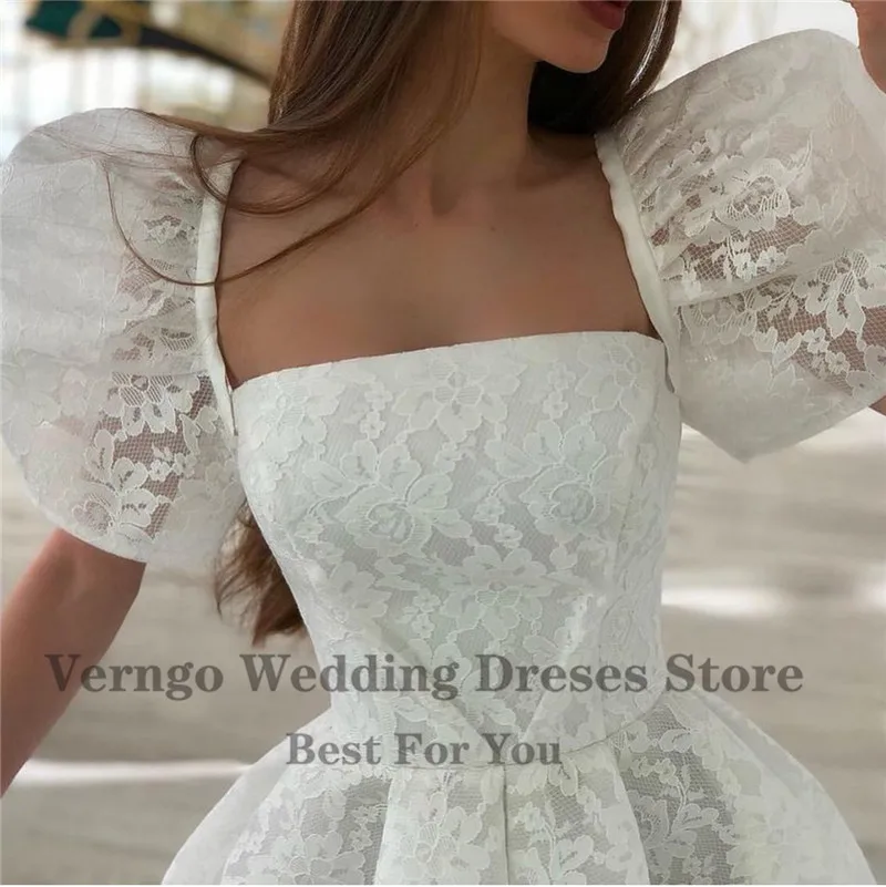 Verngo-vestido de Novia de encaje completo, nuevo diseño, mangas cortas abullonadas, sin tirantes, largo por el té, vestidos de novia de boda Civil para Recepción, 2021