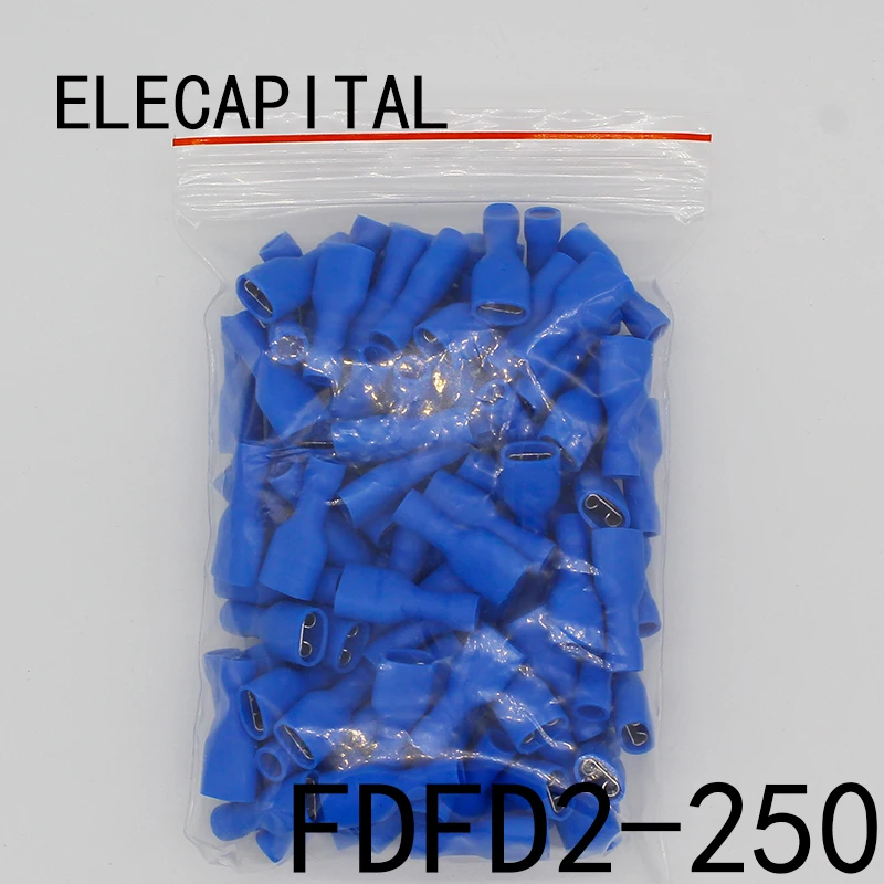 FDFD2-250 FDFD2.5-250 Female Insulated Electrical Crimp Terminal for 1.5-2.5mm2 Connectors Cable Wire Connector 100PCS/Pack FDFD