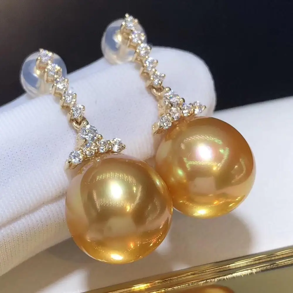 D506 Pearl Earrings Fine Jewelry Solid 14K Gold Almost Round 10-11mm Nature Sea Water Golden Pearls Drop Dangle Earrings