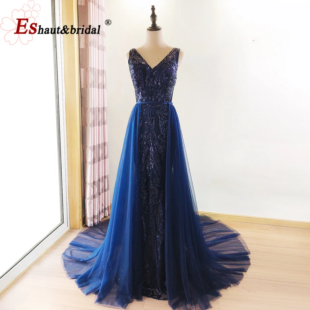 

Elegant Evening Dress 2021 V Neck Sleeveless Mermaid with Detachable Tulle Train Sequin Formal Prom Party Gowns