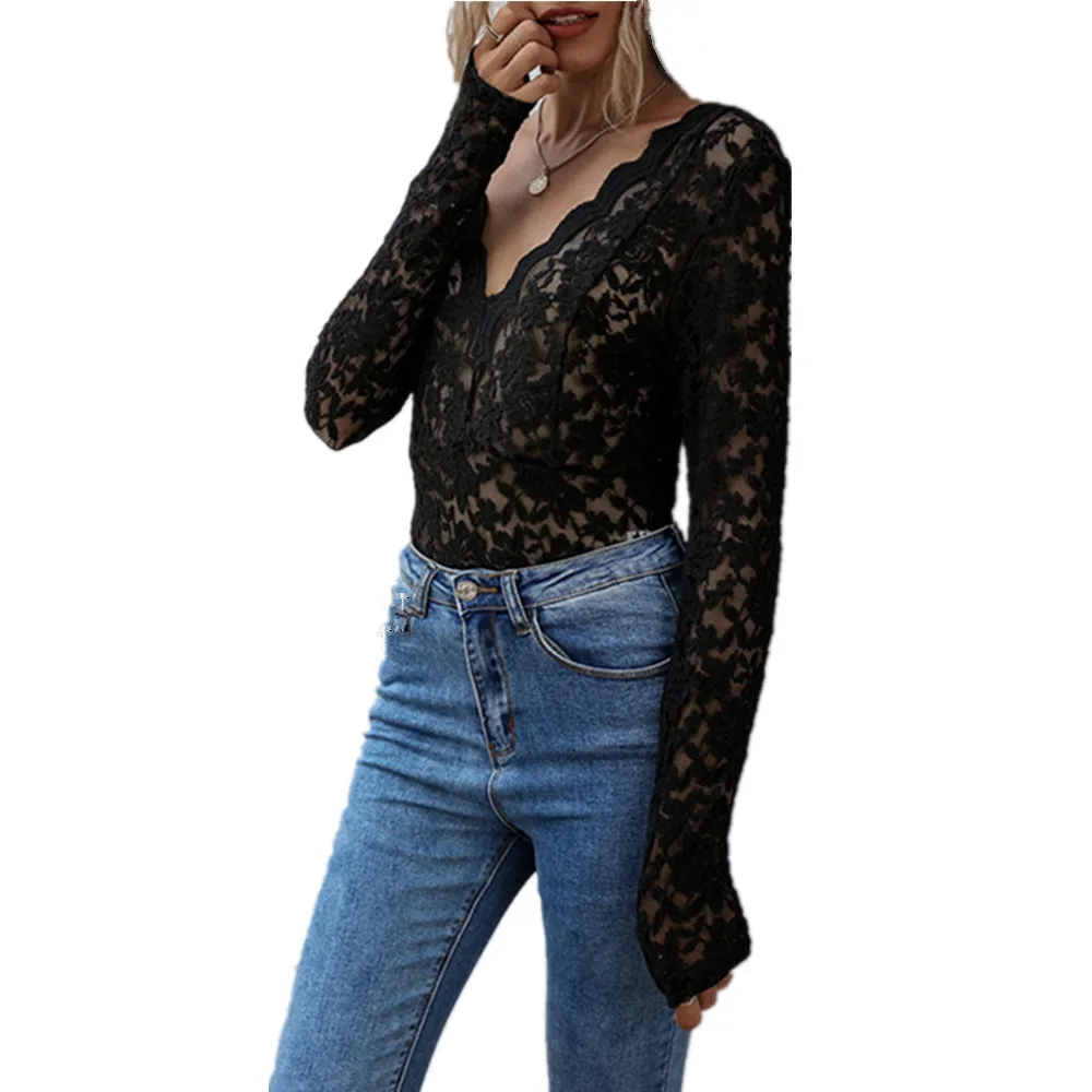 Ladies Casual Black Lace Hollow Out See-Through Top And Blouse Women Autumn Sexy V-Neck Long Sleeve Backless Tie Elegant Blouses