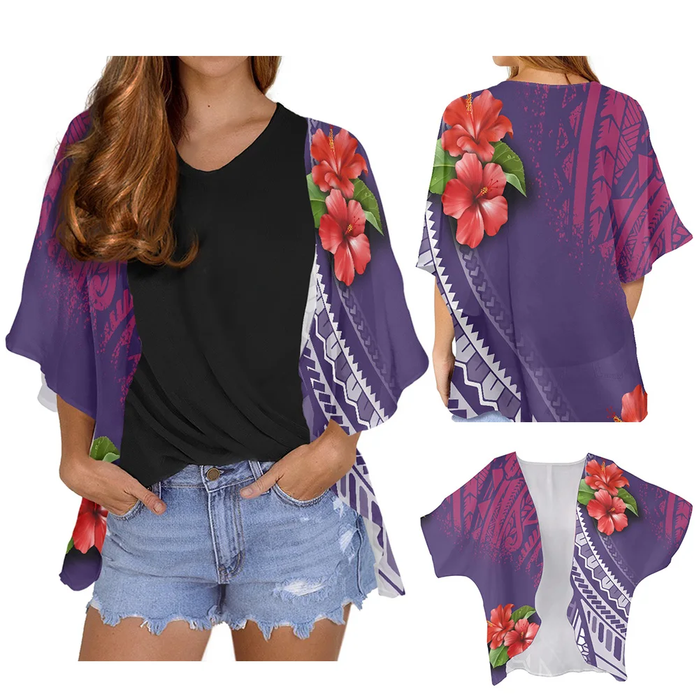 Polynesian Tribe Hibiscus Printing Casual Tops Chiffon Beach Cardigan Blouse Shawl Tops Outwear Summer Woman Clothing Cardigan