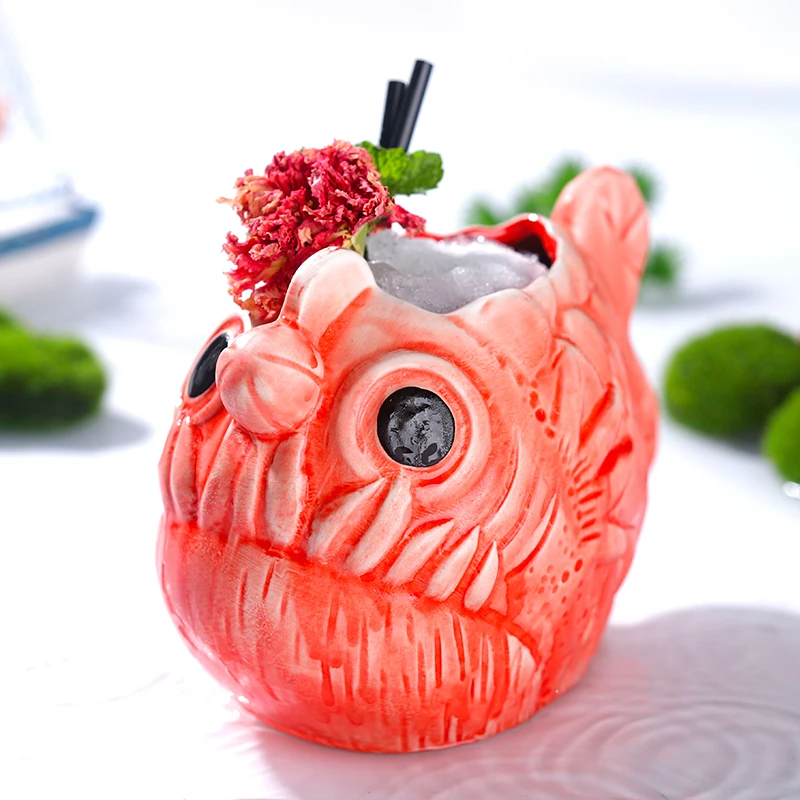 Cute Lantern Fish Cocktail Glass Wine Glasses Red Piranha Beer Glass Bar Accessories Creative Tiki Ceramic Cup 710ml