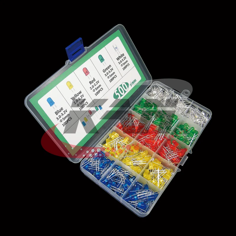 5x100pcs=500Pcs 5MM LED Diode Kit Mixed Color Red Green Yellow Blue White + BOX