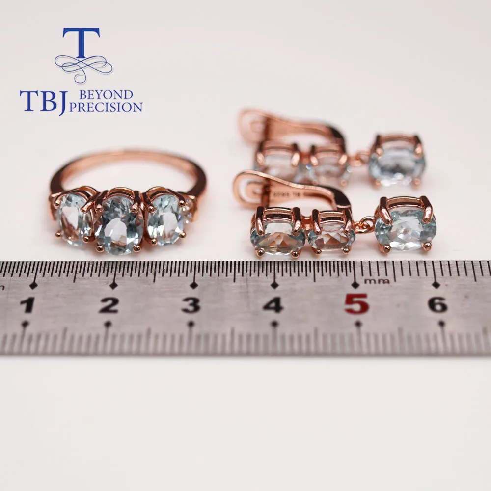 Imagem -05 - Tbj 925 Prata Esterlina Natural Aquamarine Anel Brincos Conjunto de Jóias Moda Feminino Diário Usar Jóias Finas