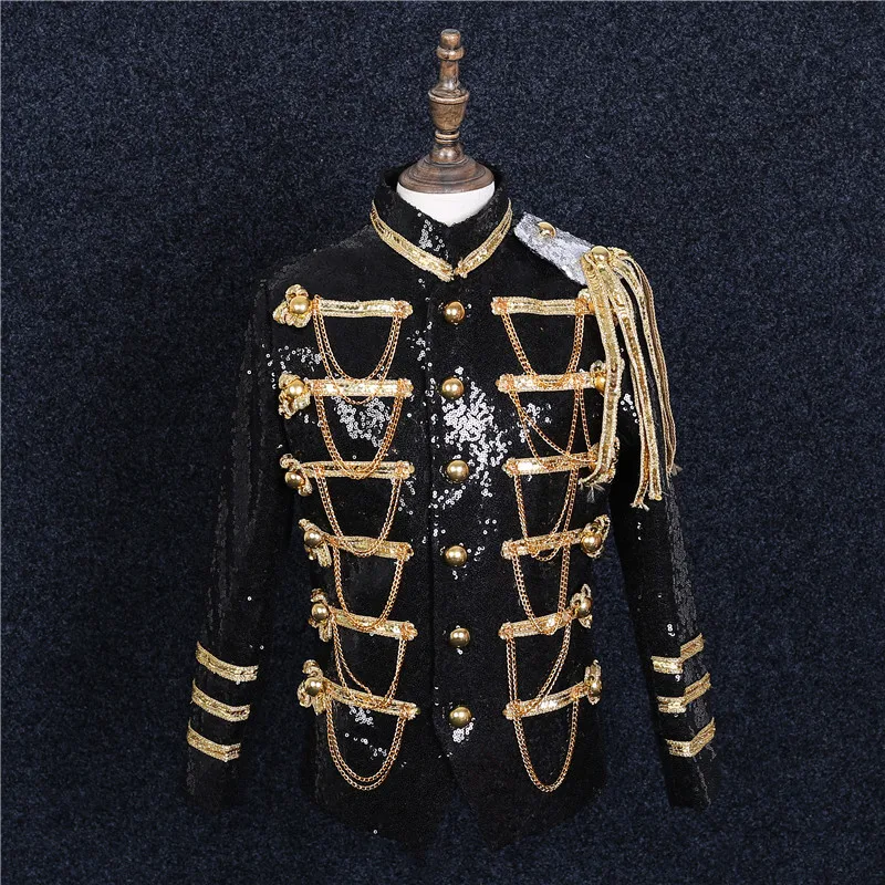 

Man Black Sequins Golden Decoration Single Breasted Casual Suit Male Fashion Slim Fit Philharmonic Society Performance Costumes