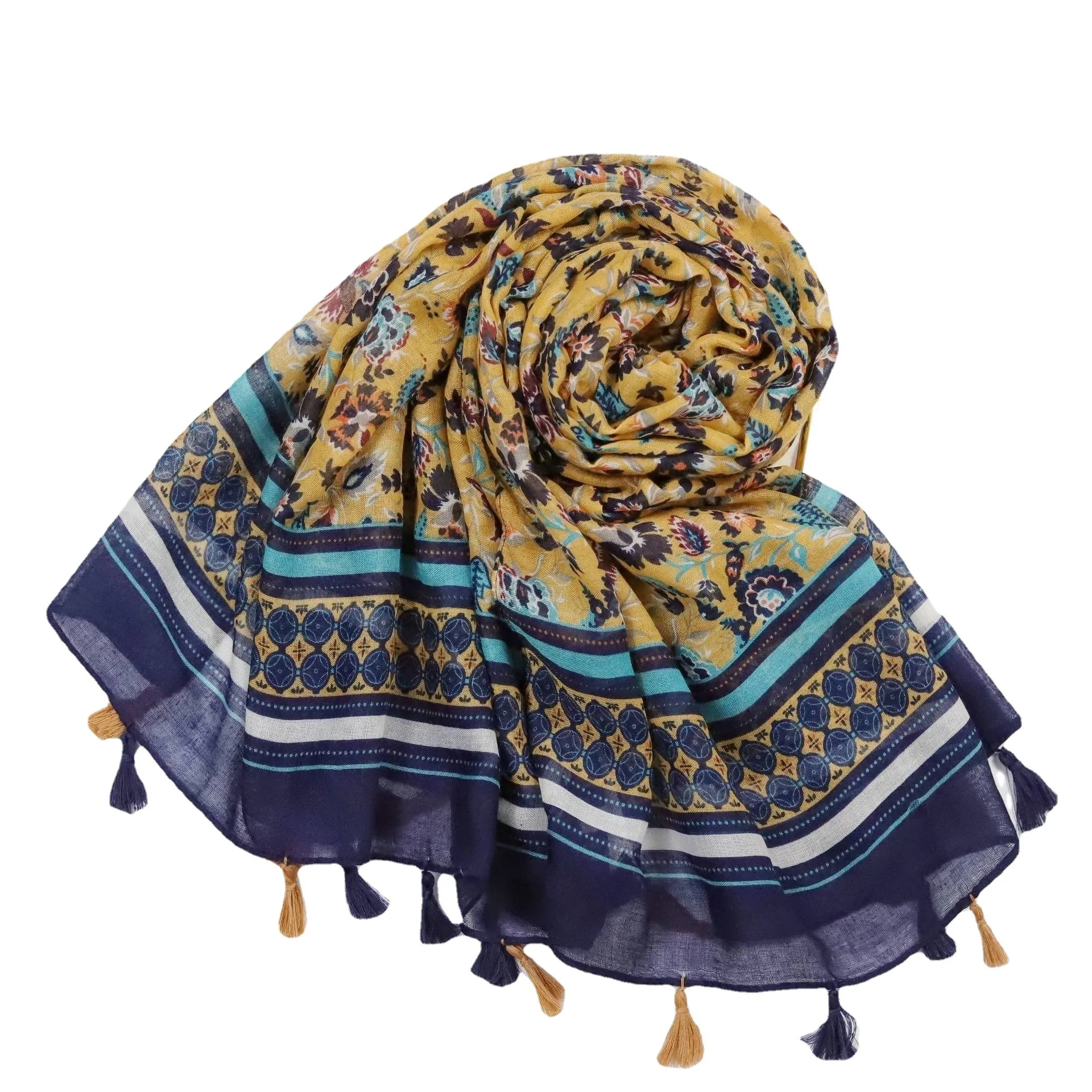 

2021 New Vintage Floral Print Tassel Scarf Shawls Soft Flower Hijab Wrap 10pcs/LOT