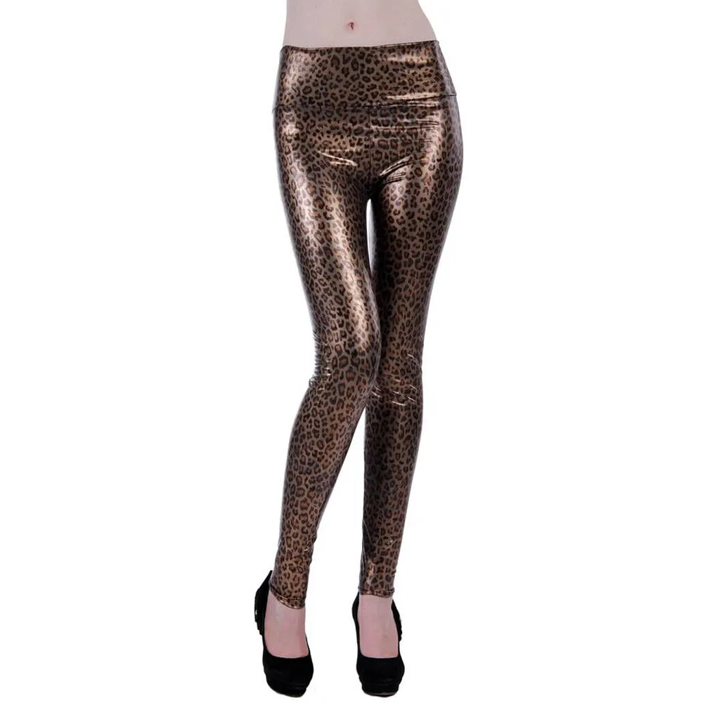 2020 Women Sexy Imitation PU Leather Leggings New Pants High Waist Fashion Elastic Large Waisted Leopard Print Pattern Pants