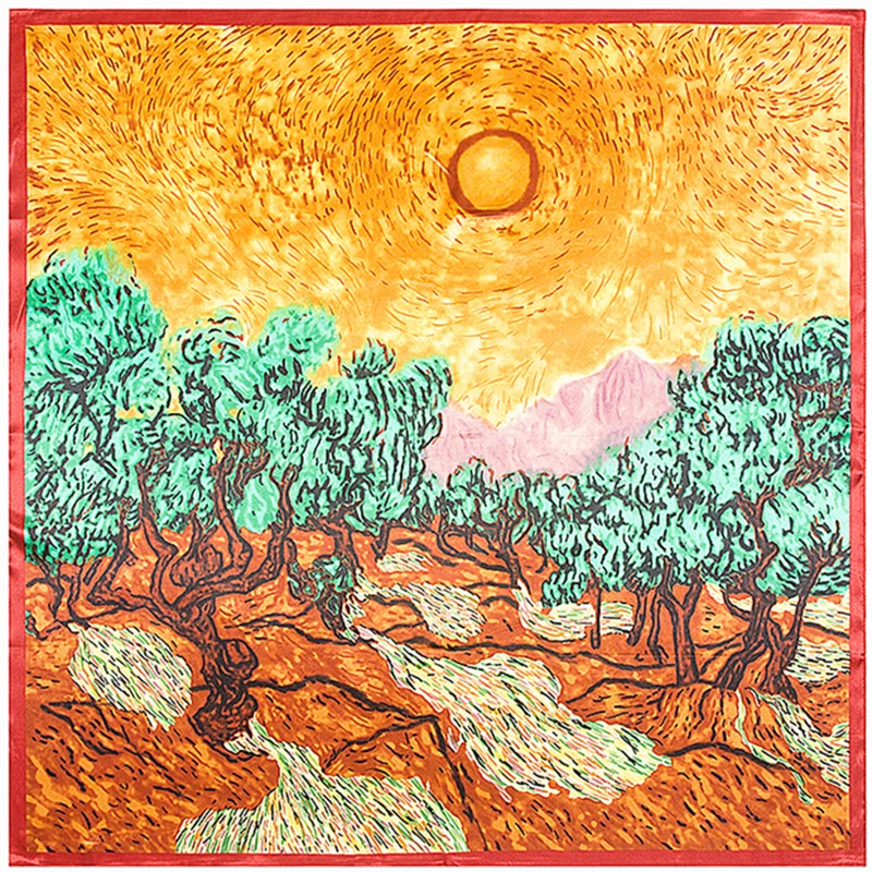 90cm Van Gogh Classic Series Oil Painting Red House Coffee House Sun Lady Decoration Simulation Silk Scarf Large Square Scarf