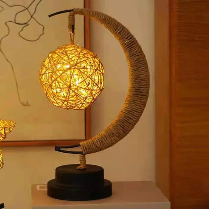 Led Star/Moon/ Takraw Christmas Gifts Fairy String Lights Hemp Rope Night Lamp for Party Kid Room Handmade Hemp Rope Night Lamp