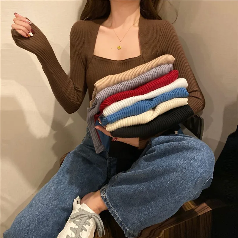 Solid White Vintage Ribbed Jumpers Crop Striped Sweater Pullover Blouse Knitted Long Sleeve Red Tops Sueter Mujer Women Clothing