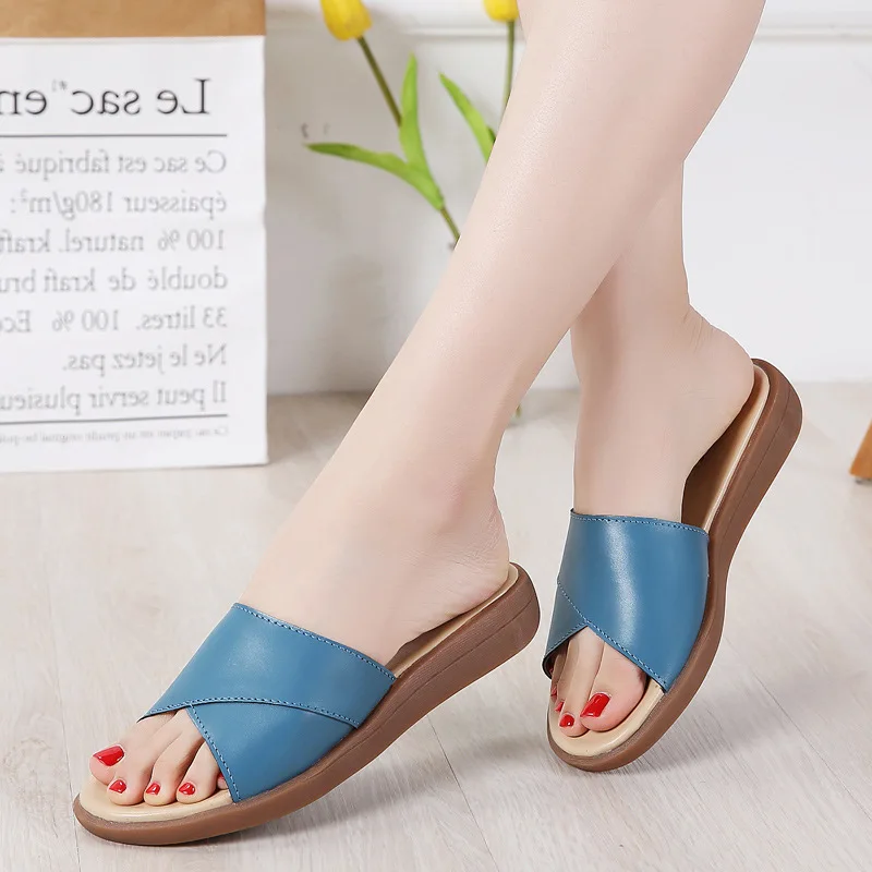 Slippers Women Summer Genuine Leather Cow Leather Shoes Woman Flats Slides High Quality Fashion Slippers Ladies Plus Size Shoes