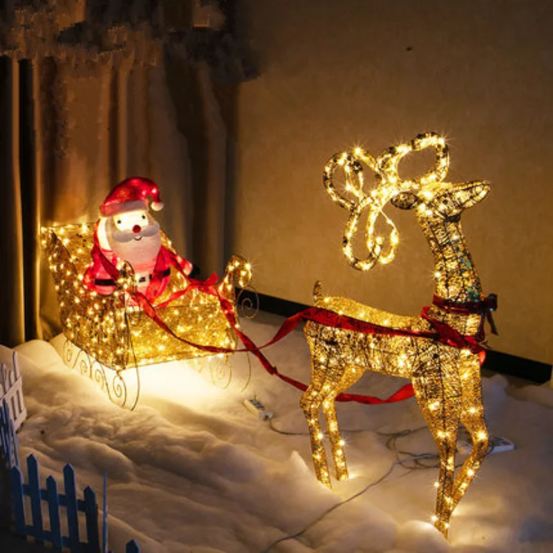 

Christmas luminous wrought iron doe family of three ornaments fawn sleigh cart bar hotel shopping mall atmosphere decoration