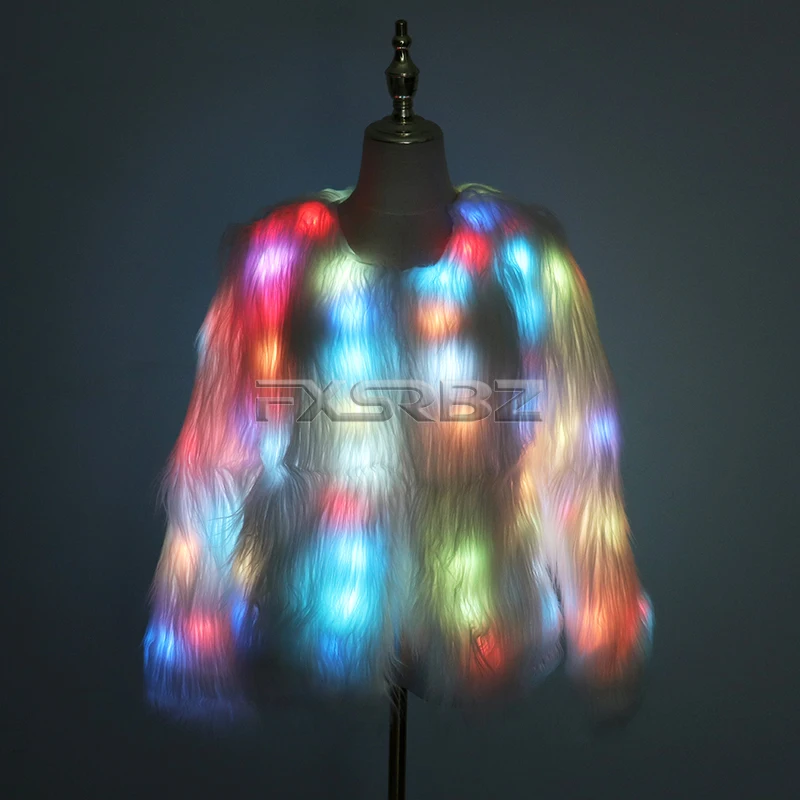 New LED Coat Women Faux Fur Light Up Costumes Christmas Jacket Shiny Overcoat Winter Warm Party Club Outwear