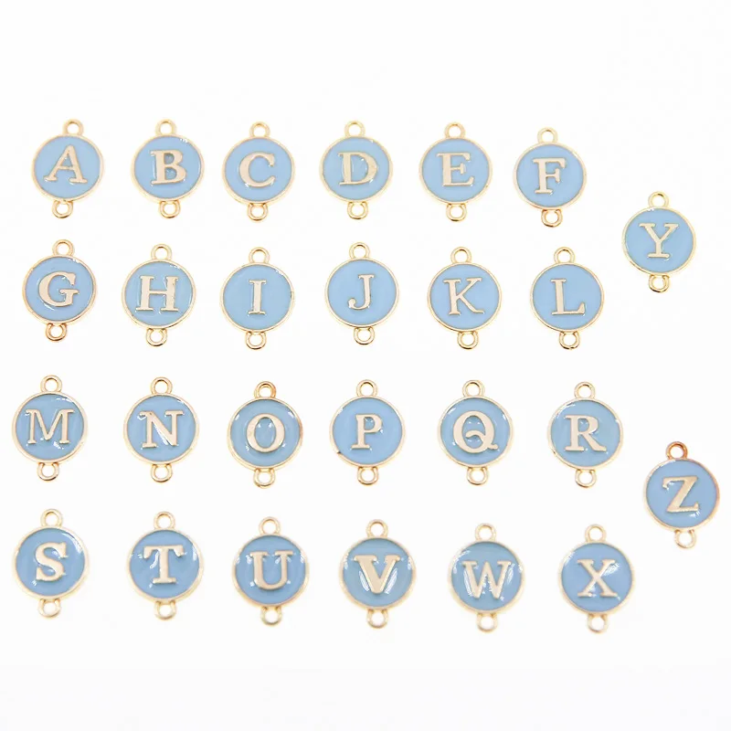 10/26pcs/lot Blue Double hanging ring Letter Charms Enamel For Jewelry Making Alphabet Initial Pendant For DIY Accessories