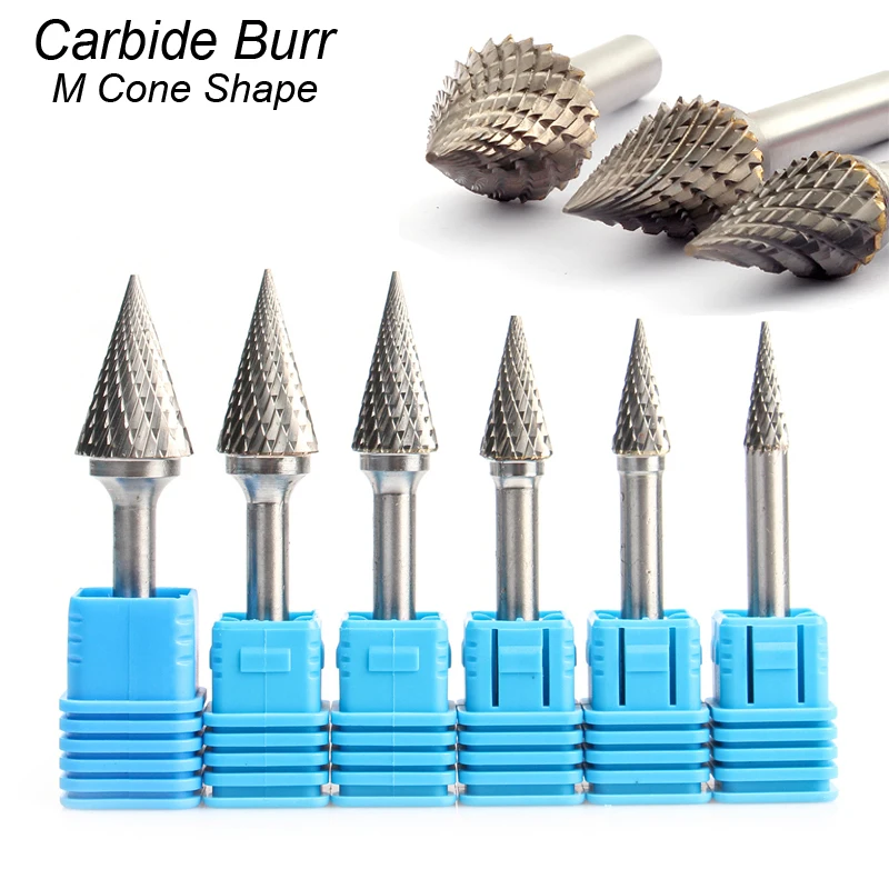 M Cone Shape Mould Carving Grinding Cut Tungsten Carbide Burr Rotary Cutter File Bit 6mm 1/4 Shank Milling Polishing for Dremel