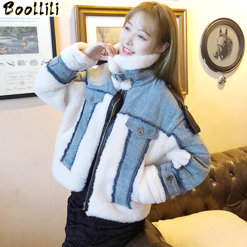 

Coat Boollili Winter Women Clothes 2023 Sheep Shearing Real Fur Coat 100% Wool Jacket Women Korean Spliced Denim Fur Tops