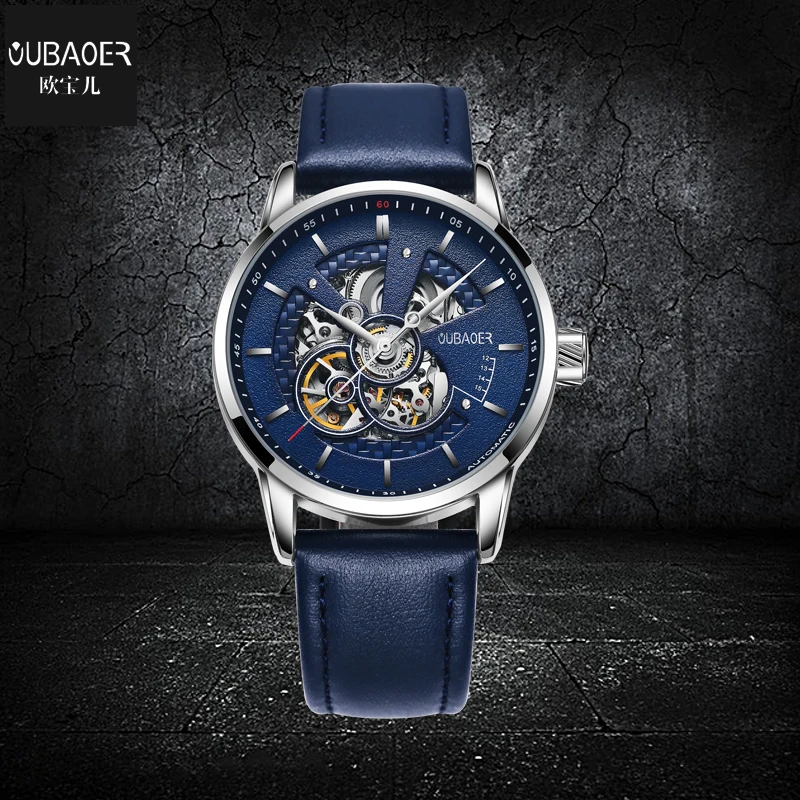 OUBAOER Fashion Blue Leather Wristwatches Mens Mechanical Skeleton Watch Top Brand Luxury Male Automatic Clock Relogio Masculino