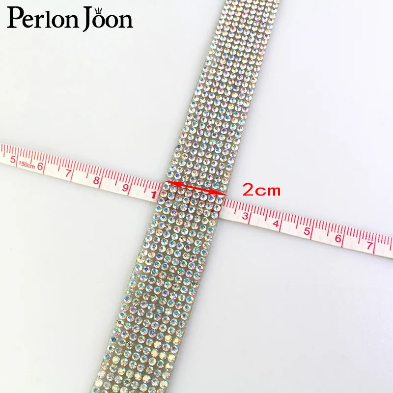 Rhinestone Tape Trim Ribbon Iron On Appliques For Dress Bag Arranged Motif AB Crystal Hot Fix Decoration For Shoes 1 Yard TR001