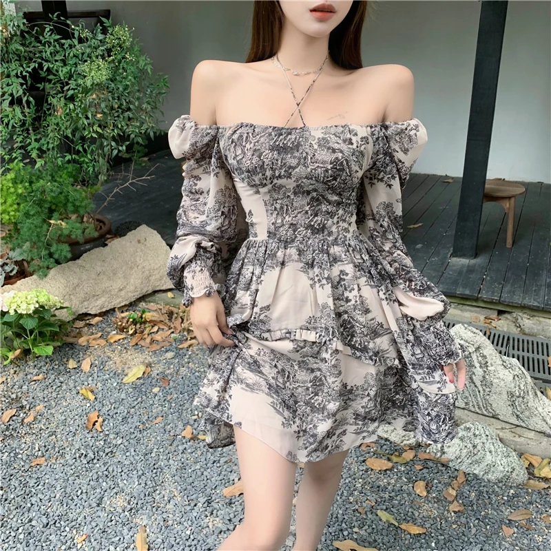 2021 New Sanya Seaside Holiday Beach Dress Women One Shoulder Puff Sleeve High Waist Retro Ink Painting Printed Dress