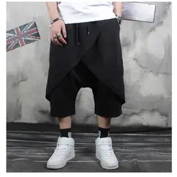 Men's summer high street baggy shorts hairstylist personality fake two irregular culottes seven point casual shorts