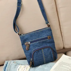 Women Casual Shoulder Denim Bag Adjustable Shoulder Strap Multi Pocket Blue Cowboy Crossbody Bags