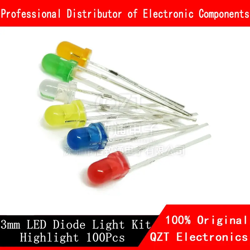 Lot de diodes électroluminescentes à éclairage LED, ensemble de 100 pièces d'ampoule de lampe, PCB, 3 mm, 3 V, assortiment de plusieurs couleurs, blanc, rouge, bleu, vert, ultraviolet, orange, jaune, rose,