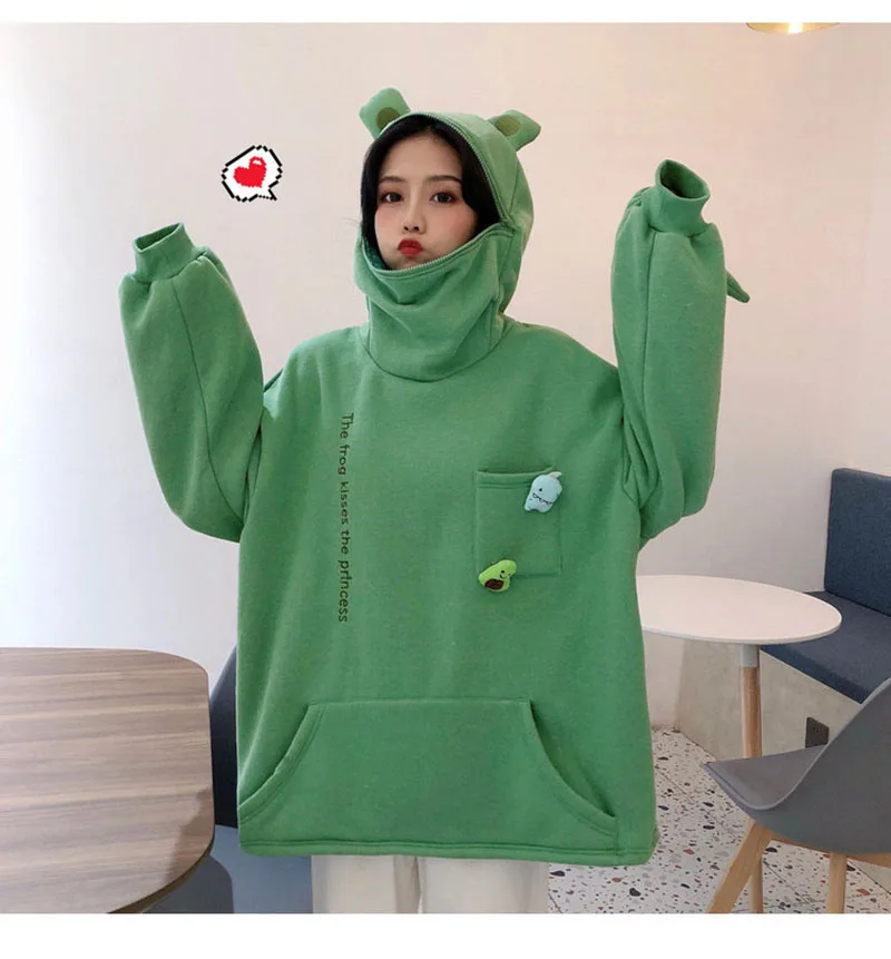 Plus Size Couple Wear Women Hoodie Cute Long-Sleeved Loose Print Velvet Padded Sweater High-Necked Frog Head Warm Pullover