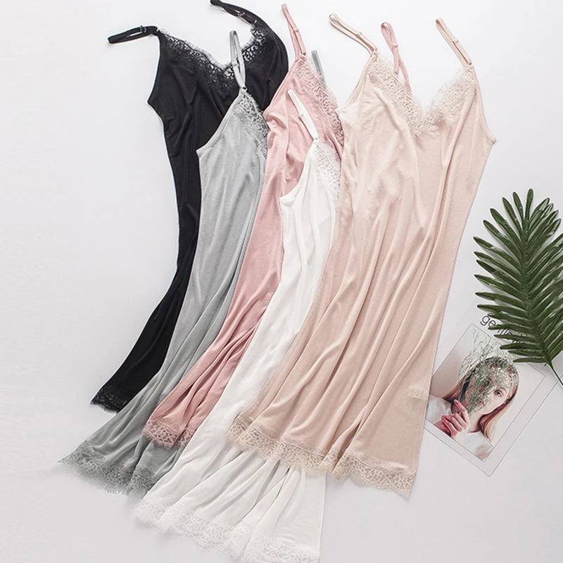 Women Full Slips 50% Natural SILK Lace underdress sleeping dress home sexy intimates summer Backless femme white black