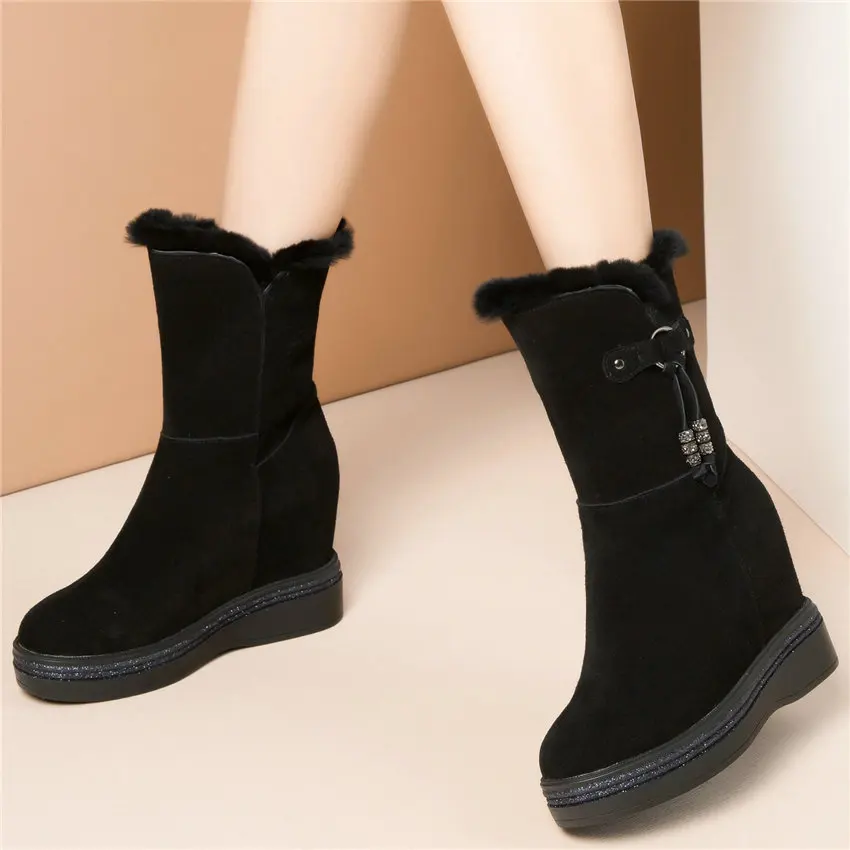 High Top Creepers Women Genuine Leather Hidden Wedges High Heel Snow Boots Female Winter Warm Round Toe Pumps Shoe Casual Shoes