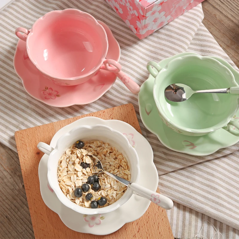 Creative Salad Plate Set Sakura Embossed Bird's Nest Bowl Three-piece Set Ceramic Binaural Soup Bowl Fruit Cereal Plates Dessert