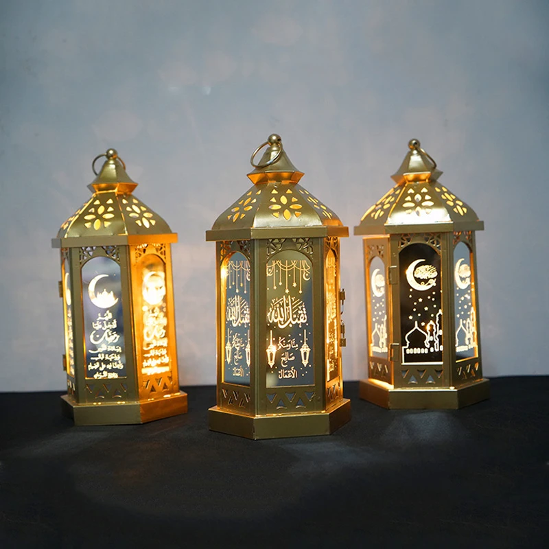 2025 Eid Mubarak Wind Lamp Lantern Metal Glass LED Night Light Home Decoration for Middle East Arab Ramadan Party Supplies