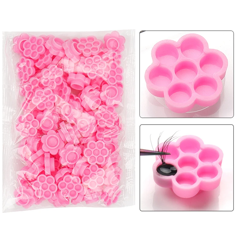 100 Pcs Flower Beauty Eyelash Extension Glue Cups Pink Delay Cup Grafting Eyelash Makeup Tool Tattoo Adhesive Pigment Cups