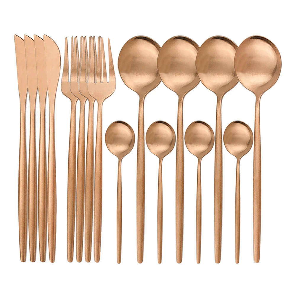 16Pcs Rose Gold Dinnerware Set Gold Cutlery Set Stainless Steel Tableware Knife Fork Spoon Flatware Set Kitchen Matte Silverware