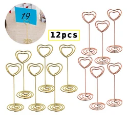 Soporte de fotos en forma de corazón dorado, soportes de números de mesa, Clips de menú de papel de tarjeta de lugar para decoración de fiesta de boda u oficina, 12 piezas