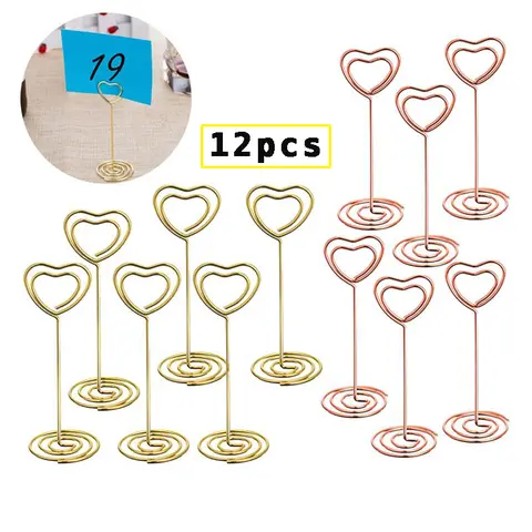 12 Pcs 골든 하트 모양 사진 홀더 스탠드 테이블 번호 홀더 장소 카드 종이 메뉴 클립 결혼식 파티 장식 또는 사무실