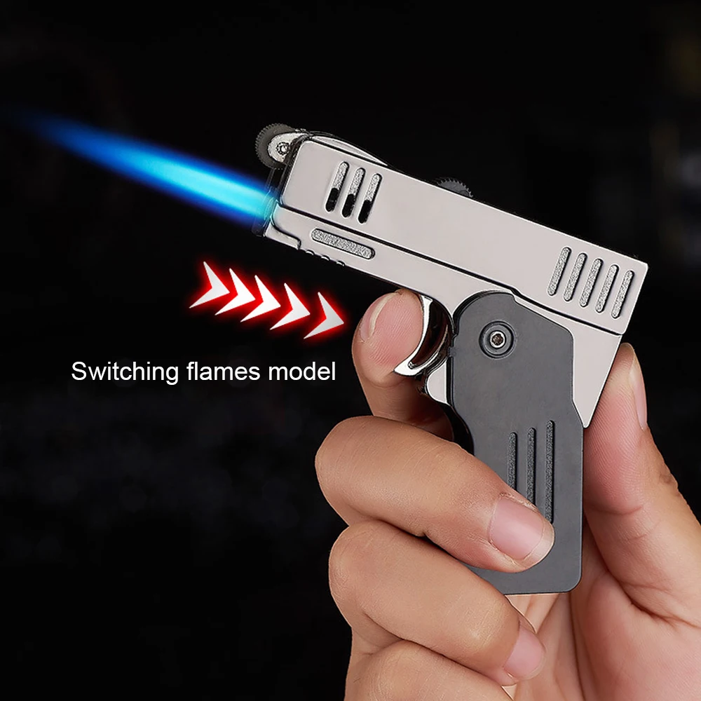 Creative Reusable Torch Lighter Gun Model Turbo Spray Butane Dual Flame Foldable Pistol Lighter Windproof Smoking Accessories