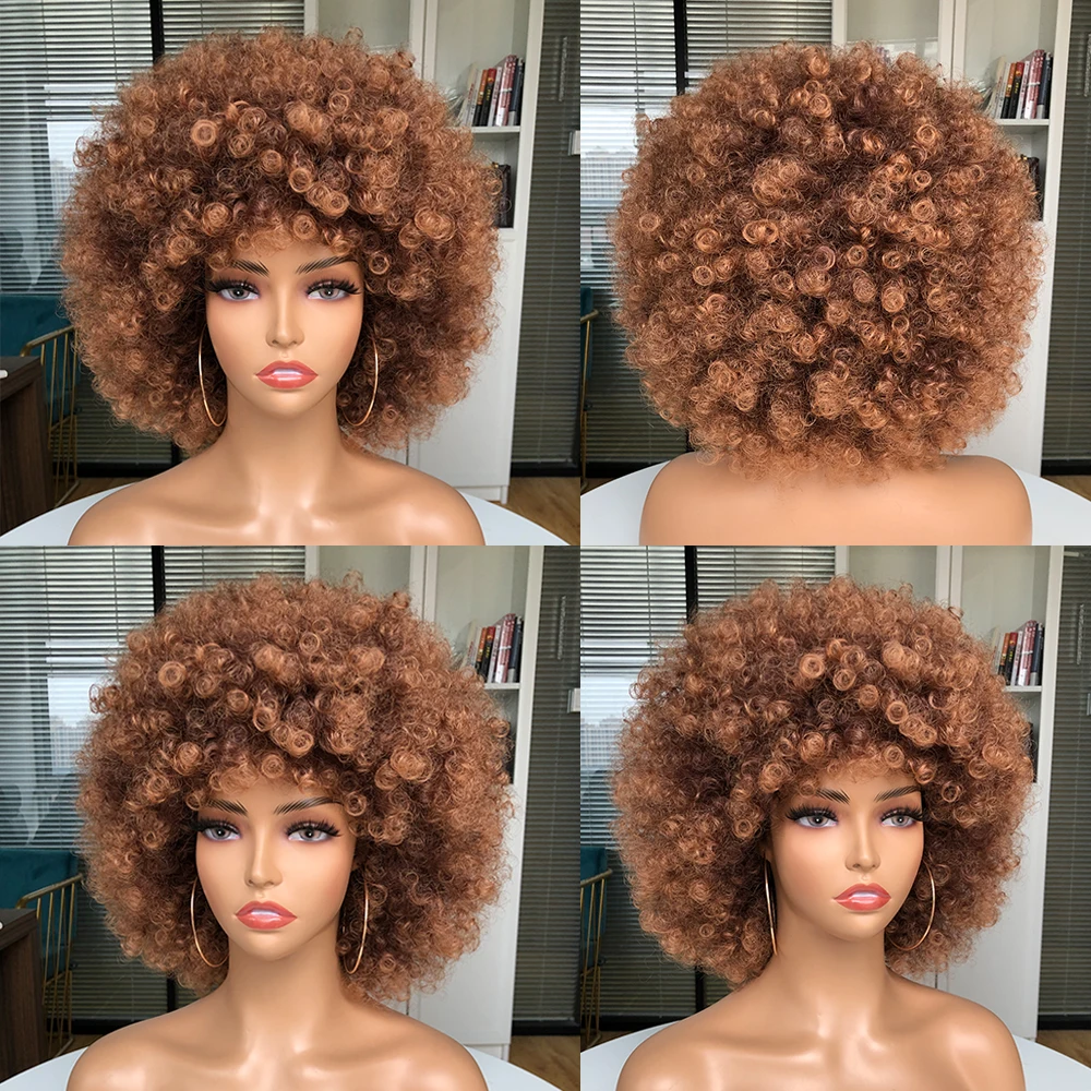 Peluca Afro rizada de pelo corto con flequillo para mujer, peluca sintética rosa para Cosplay, color negro, azul, rojo y marrón para Halloween