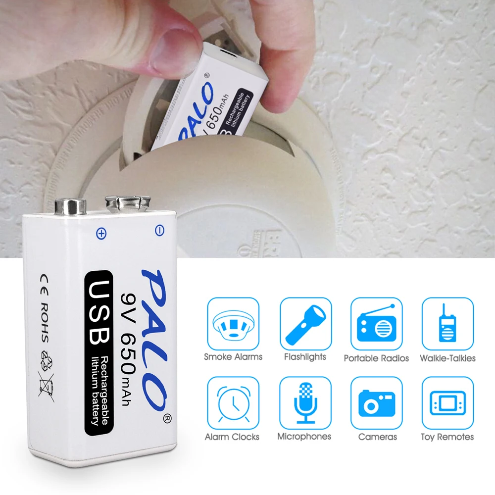 PALO 9V 650mAh li-ion Rechargeable Battery Micro USB Batteries 9V lithium for Metal Detector Remote Control Microphone