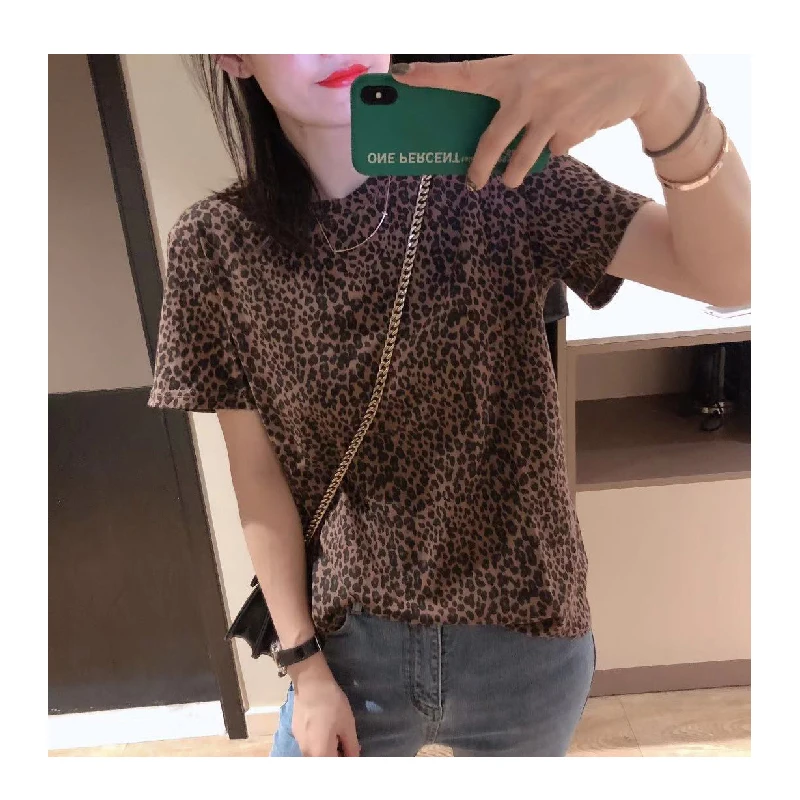 New Women\'s Round Neck Leopard Print Short-sleeved T-shirt All-match Bottoming Shirt Loose Casual Top