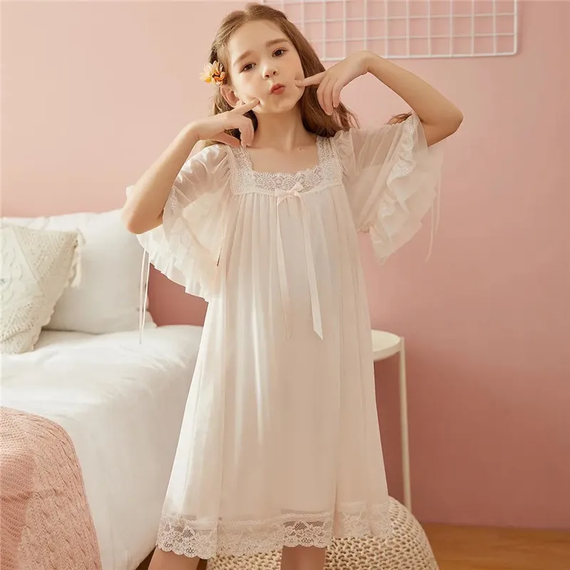 Solid Color Summer Thin Baby Girl Nightdress Short-sleeved Children\'s Nightdress Princess Style Girl\'s Lace Mesh Pajamas