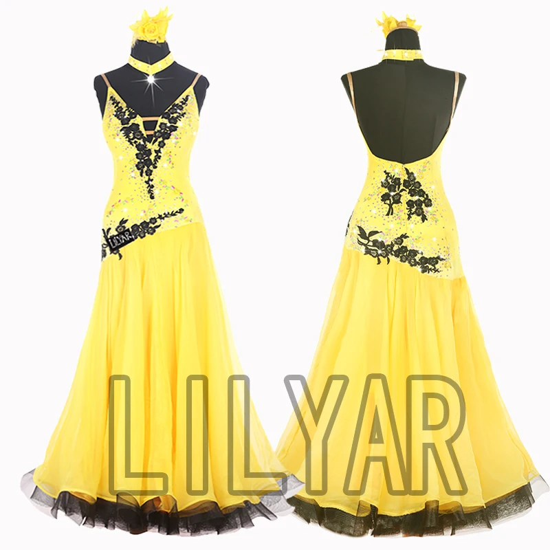 Ballroom Dance Dress, Standard Skirt, Competition, Performance , Customized New Adult Yellow Embroidery