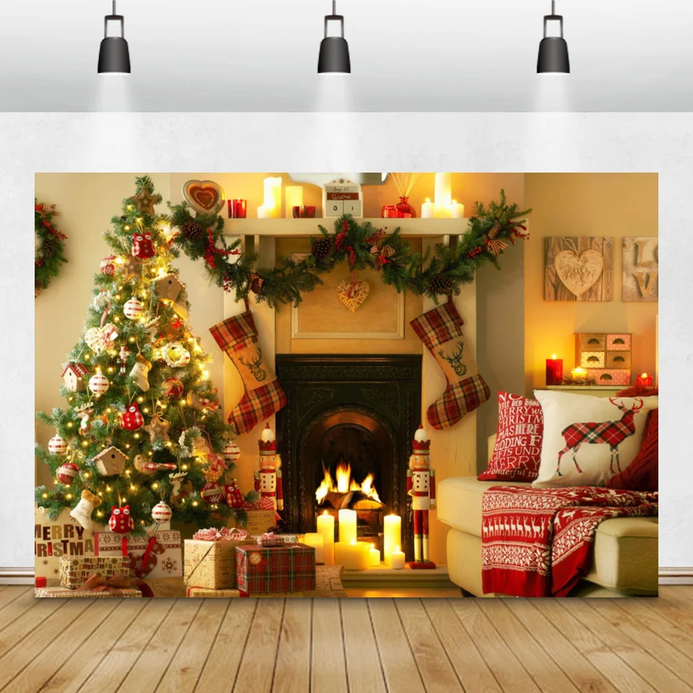 Christmas Backdrop Photography Cozy Decor Living Room Fireplace Tree Baby Toy Candy Gift Blanket Party Interior Photo Background